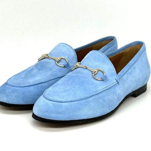 Gucci Jordaan Horsebit Bit Suede Slip On Loafers Flat Shoes Glacial Blue - Picture 10 of 15